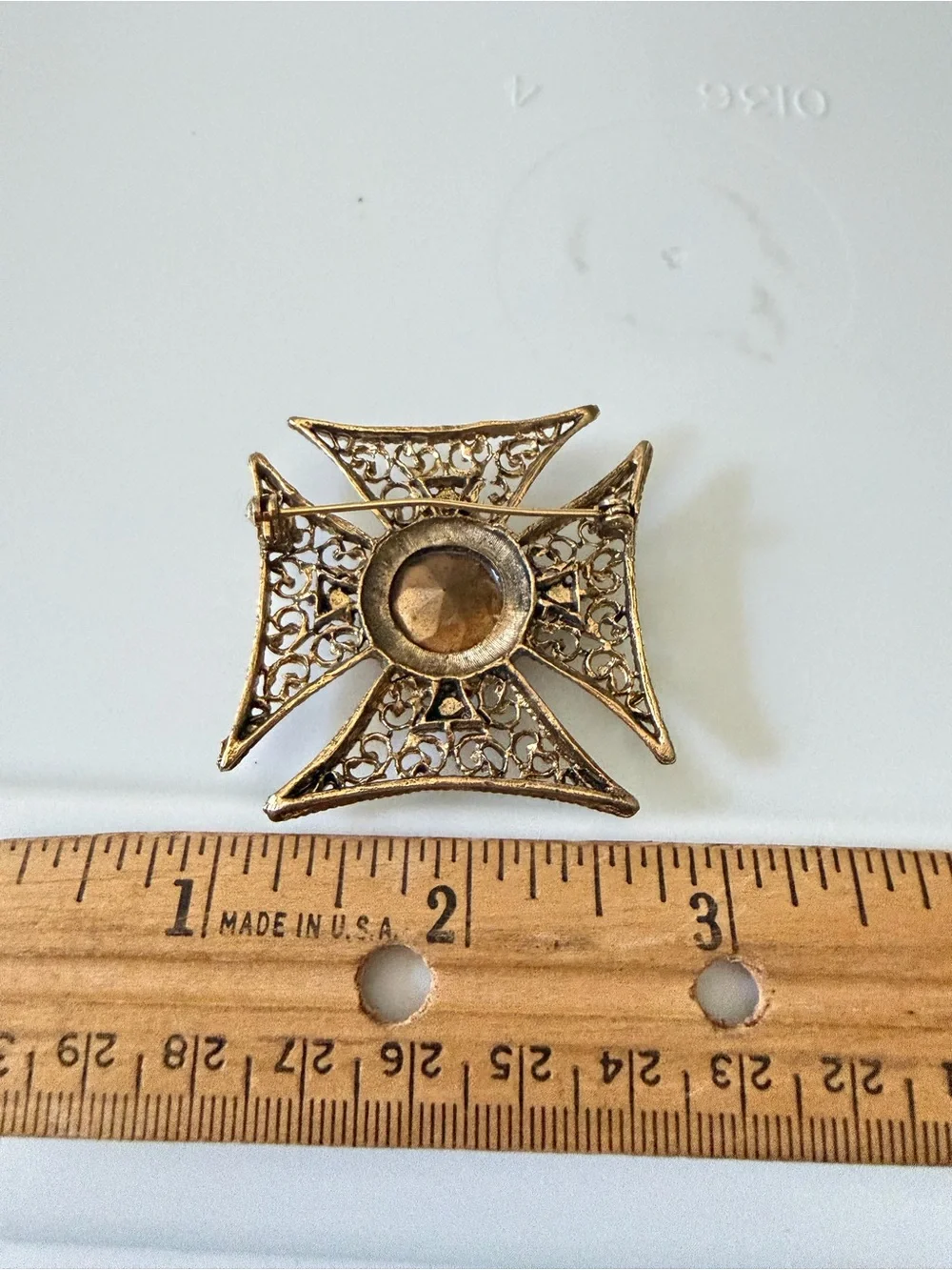 Gold-Tone Filigree Cross Brooch with Red Glass Center. 1 3/4” Large